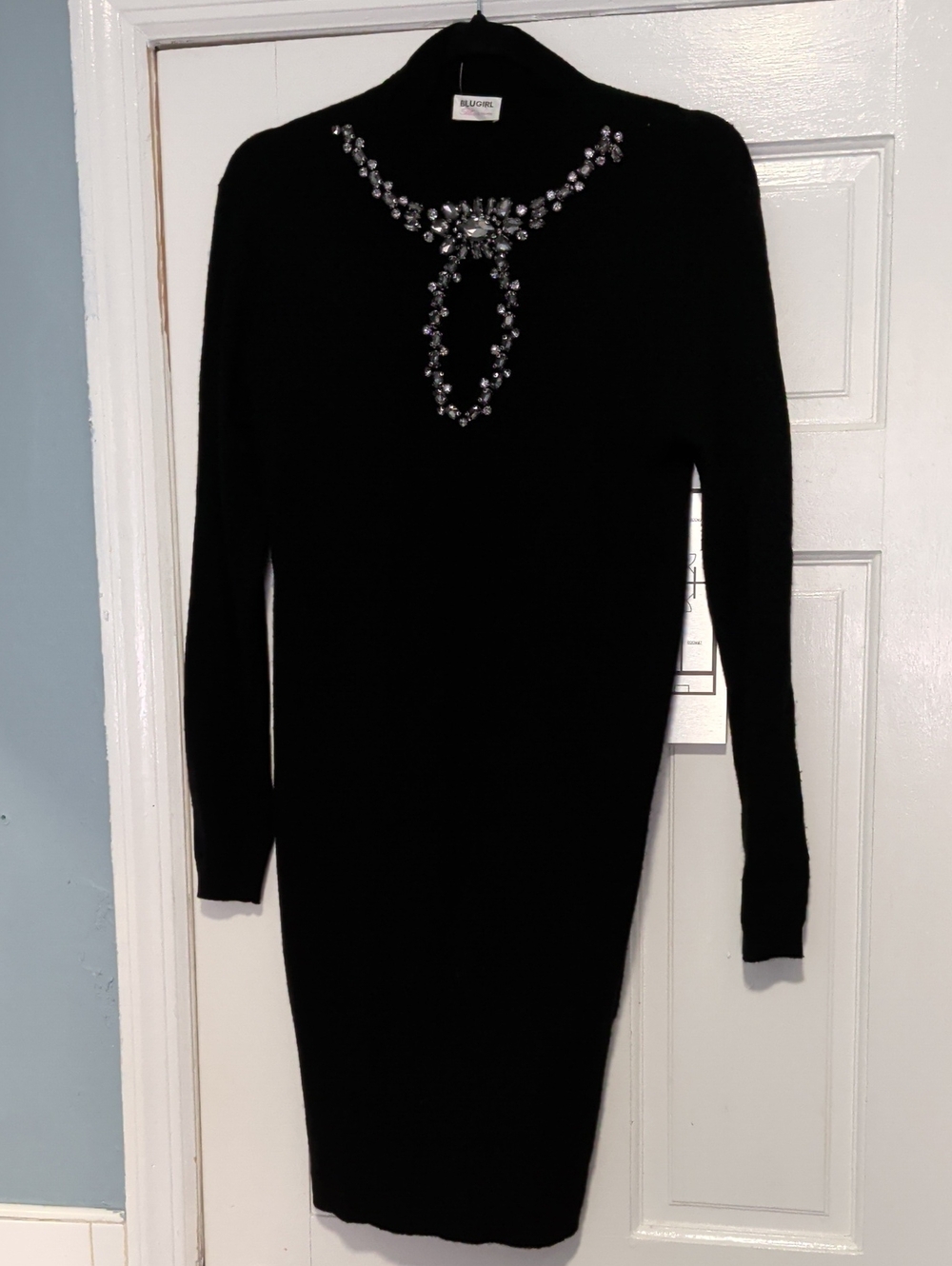 BlueGirl By Blumarine Bejeweled Black Women's Knit Dress With Letter B On  Back